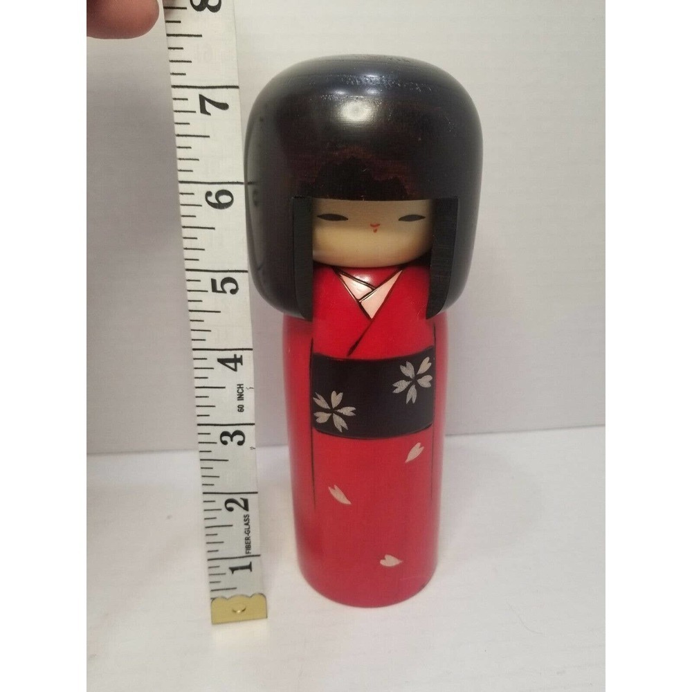 Kokeshi Wooden Original Japanese Doll 7.3"H Girl Haregi Red Sakura Floral - Picture 4 of 8